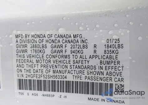 2025 Honda Civic Sport z USA, uszkodzony, nr VIN 2HGFE2F52SH563304